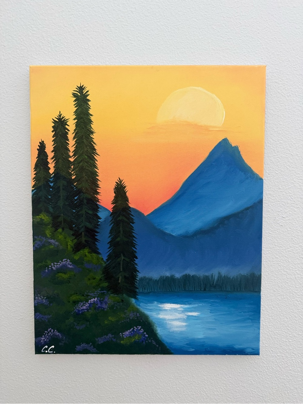 Original Oil Painting – Mountain Lake Sunset Landscape 20” x 16”